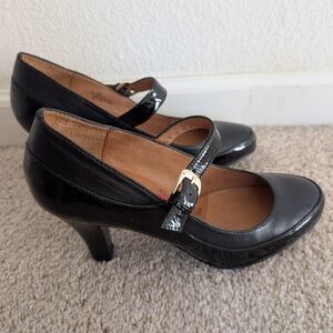 Sofft Black Mary Jane Heels with Gold Buckle
